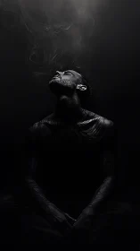 Man in dark space exhaling smoke in upward silence.
