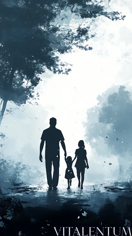 Family Walking Through Misty Forest Path