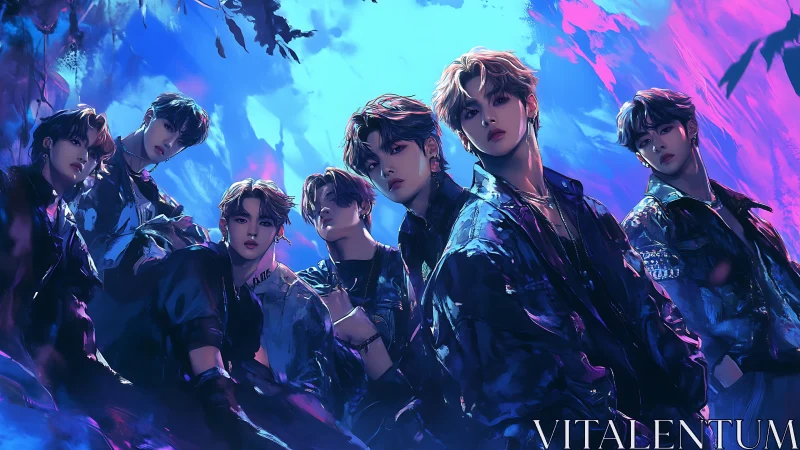 Neon-lit boy band ensemble in cinematic digital painting style.