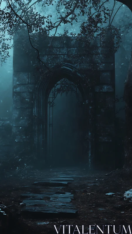 Gothic stone portal in misty blue forest environment at night.