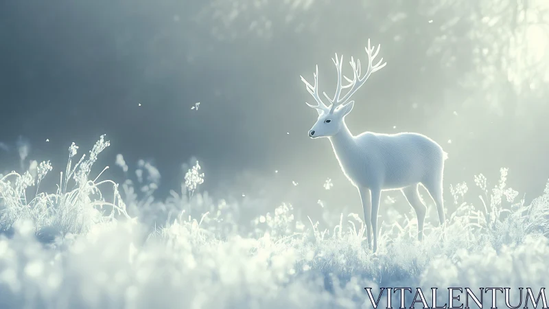 White stag stands in backlit frosted meadow environment