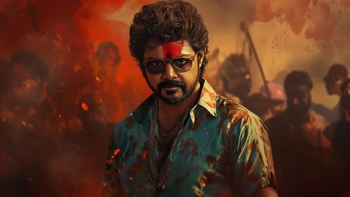 Fierce leader strides through embers and uprising shadows.