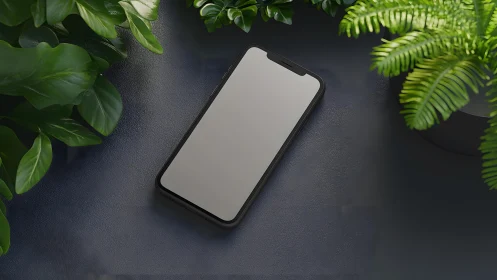 Modern smartphone on dark surface surrounded by green plants.