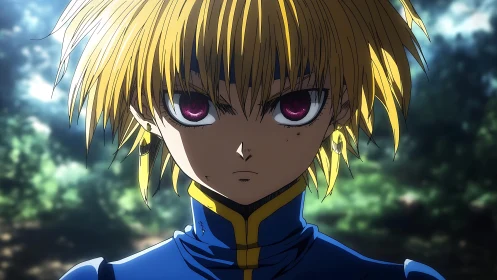 Determined anime hero with glowing eyes in forest light.