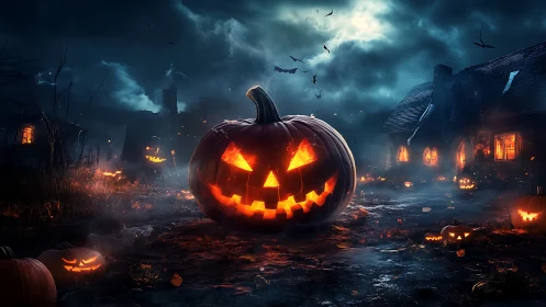 Grinning jack-o-lantern commands a stormy haunted homestead