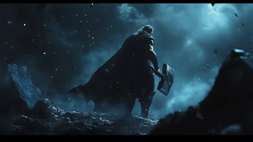 Warrior with hammer stands in stormlit battlefield twilight.