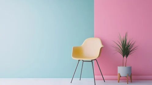 Pastel modern interior with yellow chair and plant contrast.