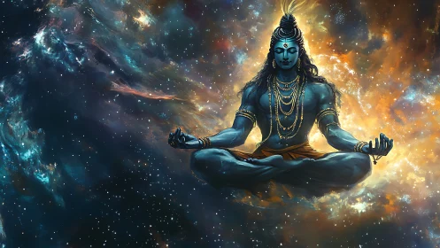 Blue-skinned meditative figure in luminous cosmic space.