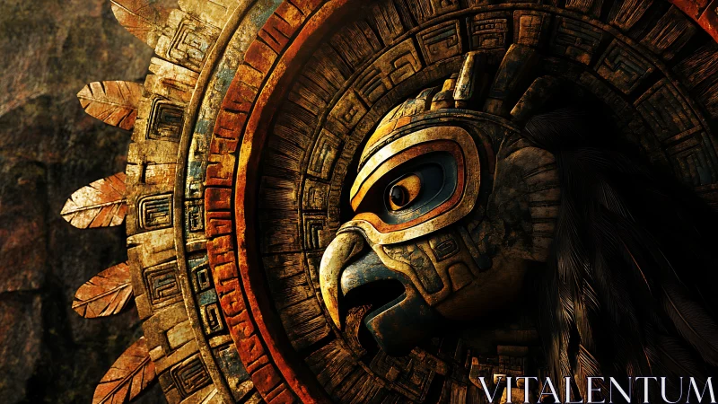 Aztec-inspired avian relief rendered as weathered 3D sculpture