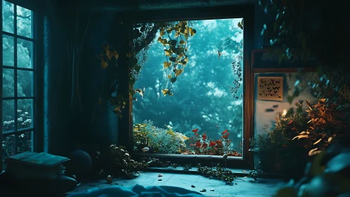 Nocturnal botanical windowscape with volumetric blue haze.