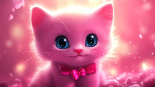 Glowing Pink Cat with Blue Eyes and Heart Bow