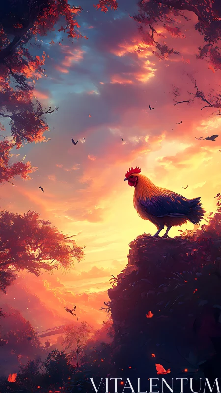 Silhouetted Rooster Perched on Rocky Outcrop at Sunset.