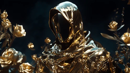 Golden hooded void figure amid metallic rose cluster composition.