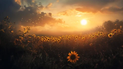 Sunflower field under glowing sunset sky with warm light.