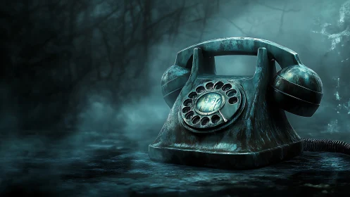 Weathered rotary phone waiting in a misty, haunted hush.
