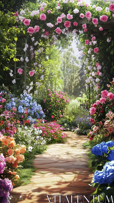 Garden pathway with flowering archway structures and cultivated plantings.