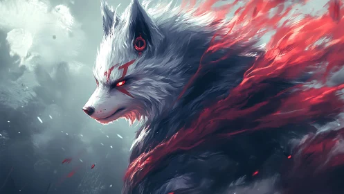 Spirit wolf ignites crimson energy against cold storm sky
