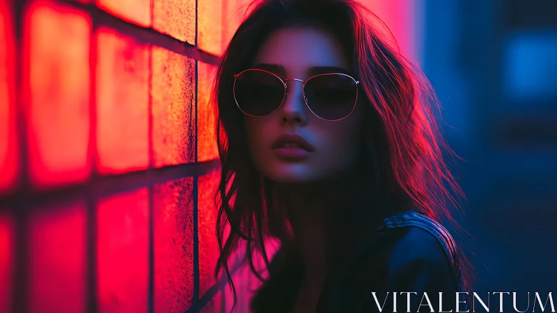Woman in sunglasses by neon lit wall at night street scene.