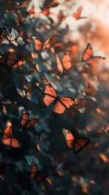 Monarch butterflies glowing in soft woodland dusk light.