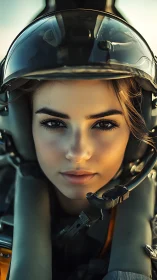 Intense cockpit portrait of female fighter pilot at dusk.