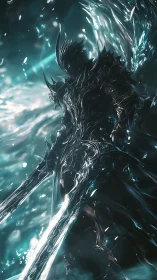 Chromed dark knight with dual blades in luminous stormfield