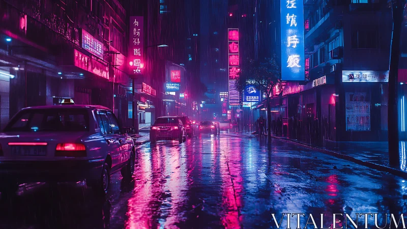 Rainy neon city street with cars and wet reflections.