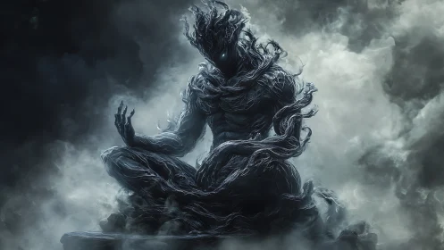 Shadow wraith meditates within swirling spectral storm.