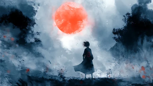 Lone warrior silhouette under blazing red eclipse sky.