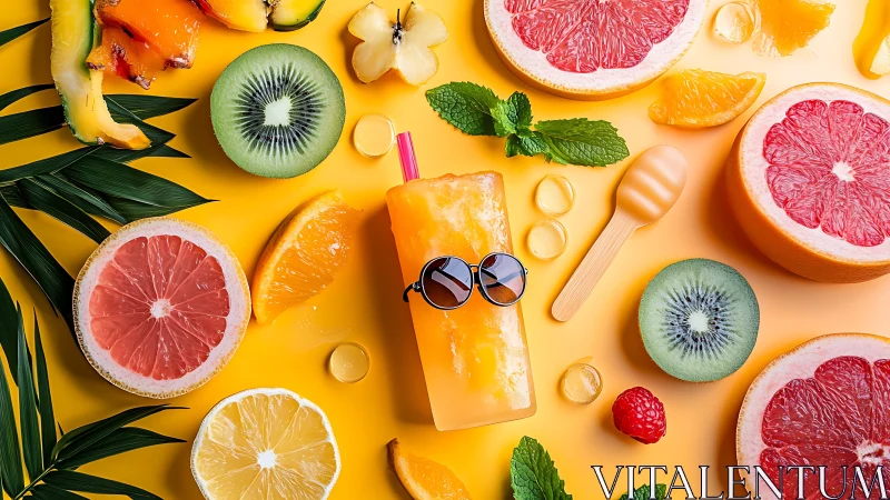 Central ice pop with sliced citrus and kiwi on yellow surface
