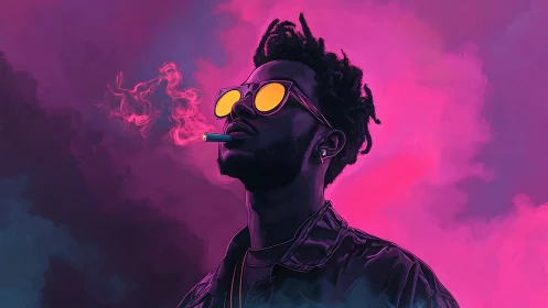 Smoky neon portrait shows cool figure in vibrant pink haze