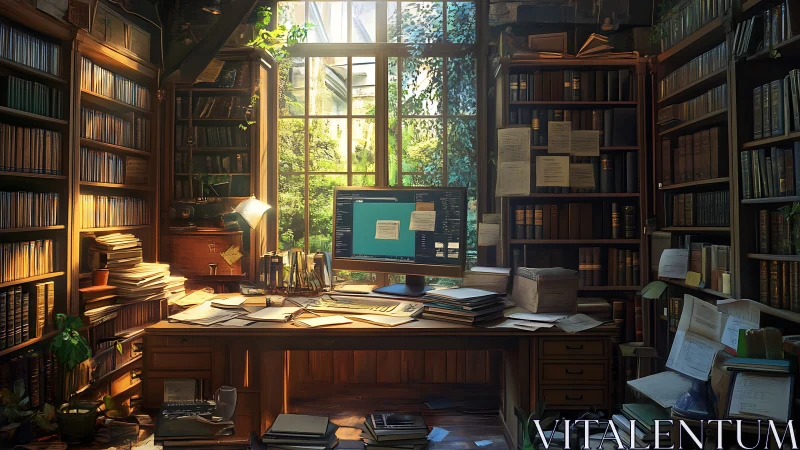 Study with computer, bookshelves and garden window view.