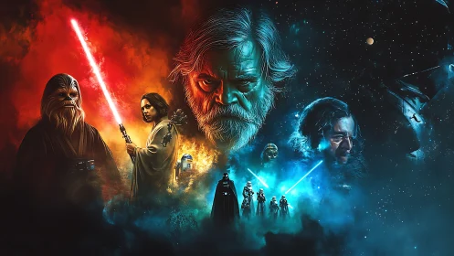 Digital painting montage of interstellar conflict and destiny.