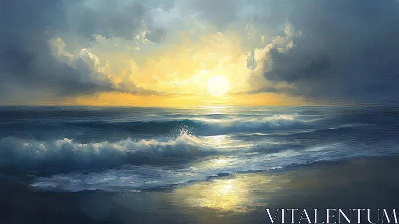 Sun illuminates low ocean waves beneath stratified clouds