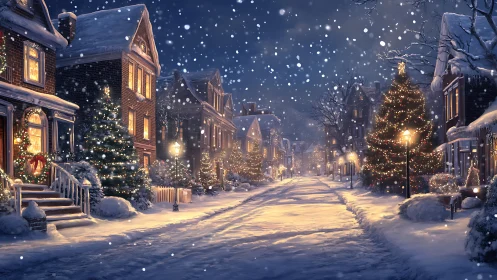 Snow-laden residential street under warm Christmas lighting at night