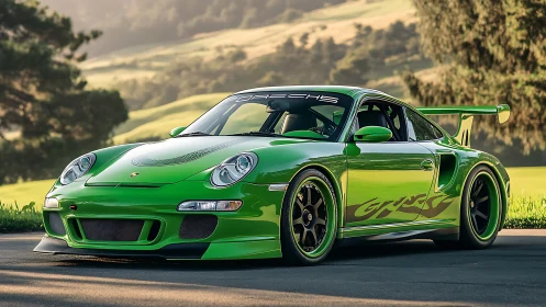 Vivid green Porsche track car under warm evening light.