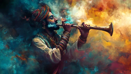 Smoke-lit mystic musician weaving color-soaked melodies.