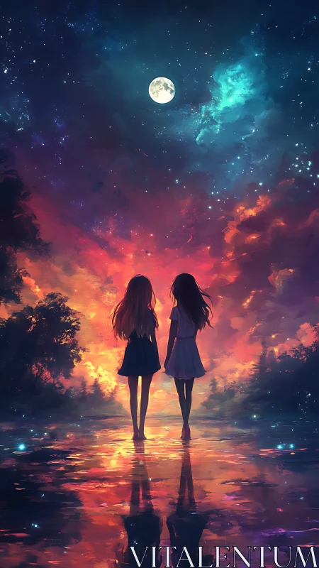 Two girls stand under luminous night sky reflection