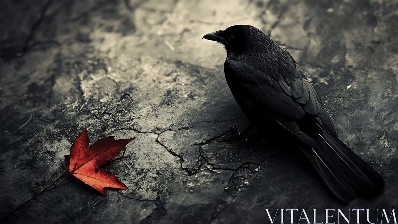 High-contrast raven and maple leaf on cracked textured concrete