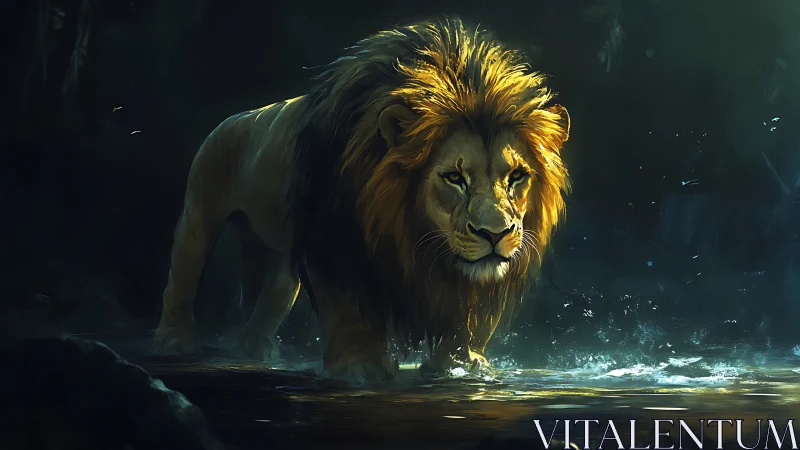 Majestic lion strides through shadowed forest waterway.