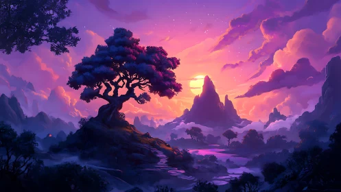 Digital painting of mystical tree against luminous sunset sky.