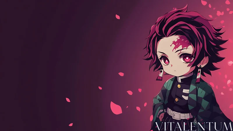 Chibi anime character with patterned cloak and petals background.