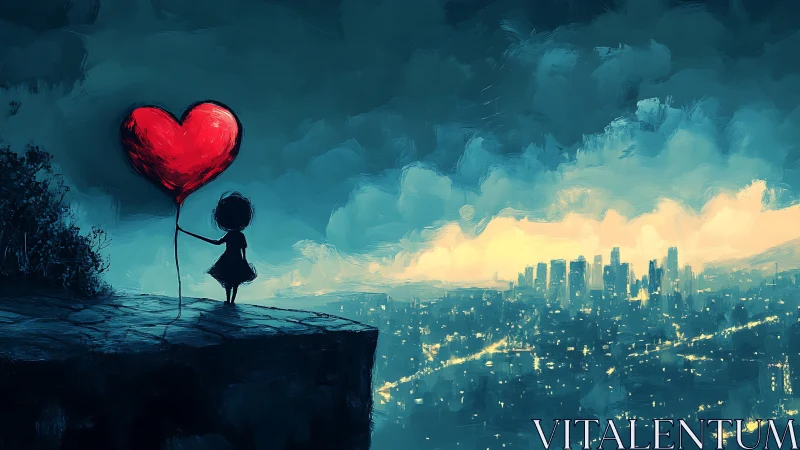 Solitary Heart: Silhouetted Dreams Over Glowing Cities.