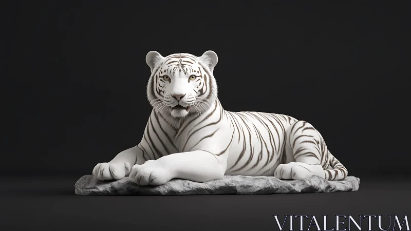 3D white tiger sculpture on stone plinth, minimal studio lighting.