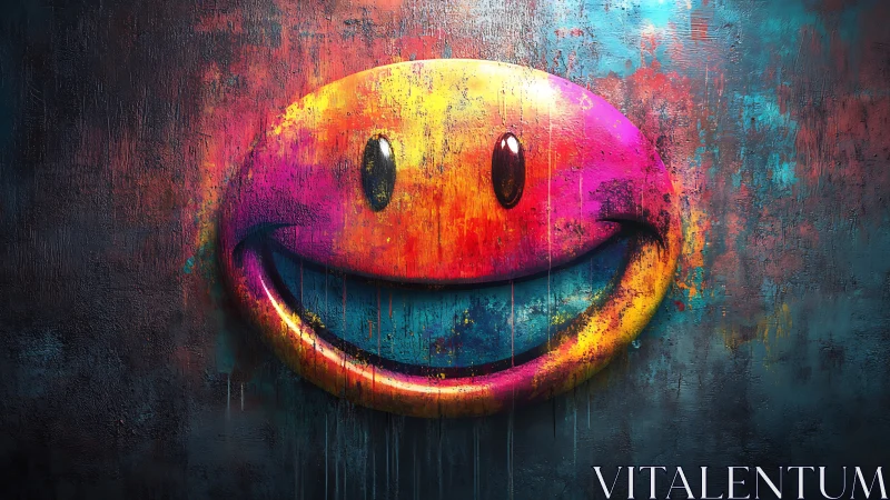 Smiley face graffiti on textured wall with neon colors.