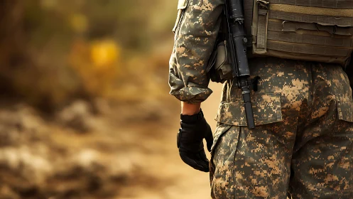 Tactical rear view of soldier in digital camouflage gear field.