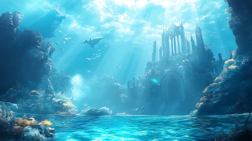 Sunlit underwater palace amid reefs and drifting sharks.
