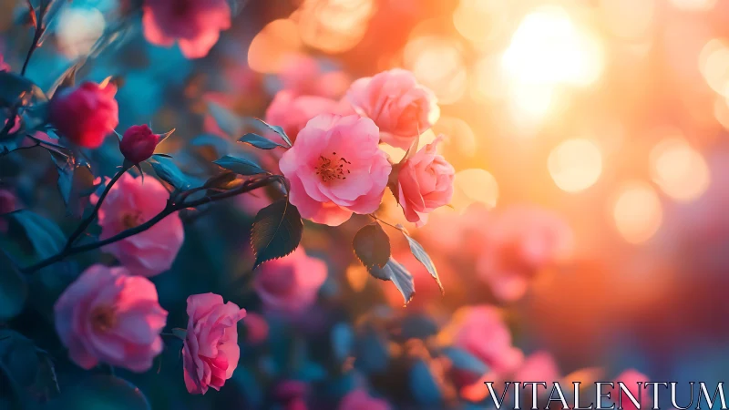 Pink Roses Glowing in Golden Sunset Light