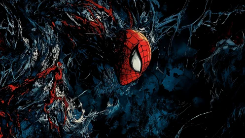 Webbed mask adrift in a storm of inky symbiotic shadows.