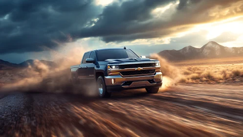 Powerful pickup truck charges across dusty desert trail.