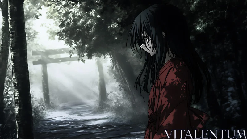 Soft sunlight follows a quiet girl along a forest shrine path